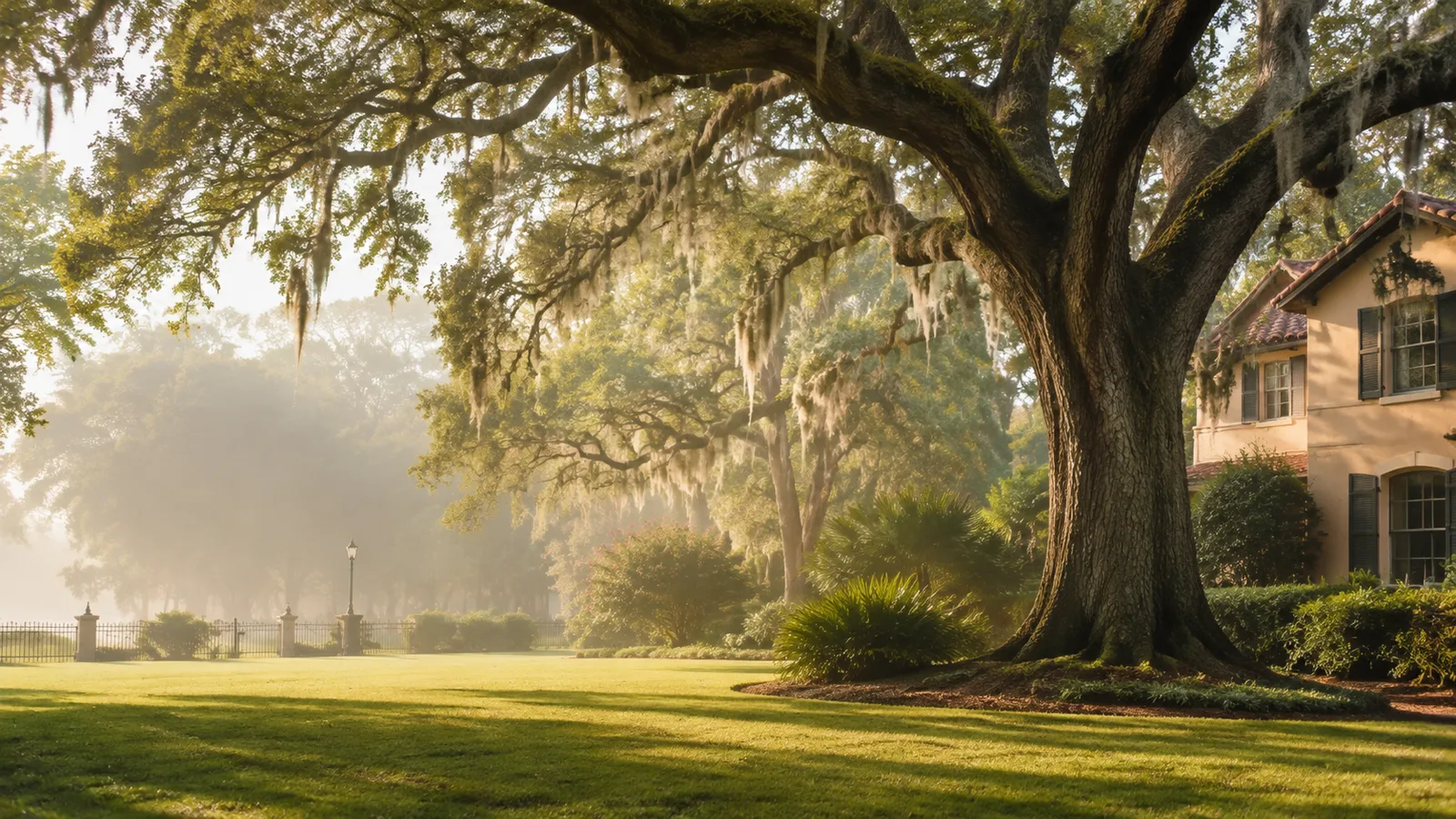 Mature Savannah live oak with Spanish moss, broad canopy, and visible trunk in a residential landscape